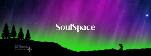 Soul Space - Silhouette of trees on a hillside with someone praying and the Northern Lights in the background 